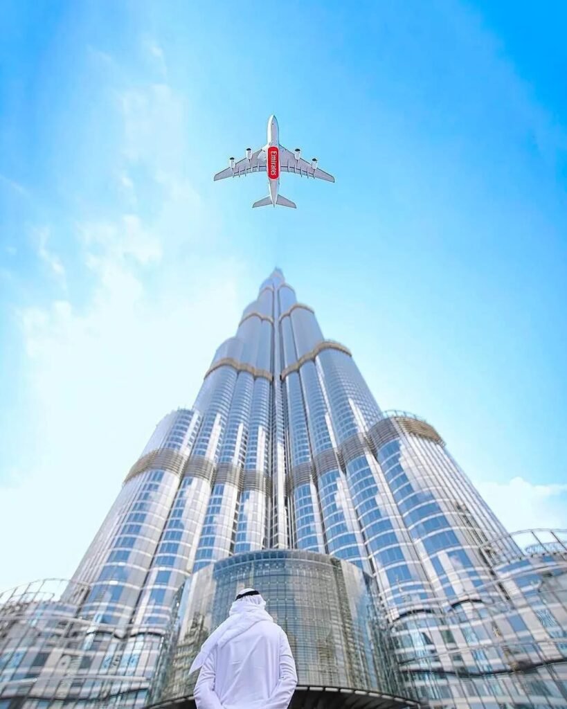 A person in traditional kandura looking up at the towering Burj Khalifa in Dubai with an Emirates passenger plane flying across the bright blue sky.